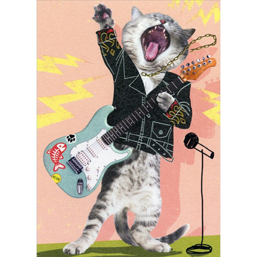 Rock Star Cat with Blue Guitar Funny / Humorous Birthday Card