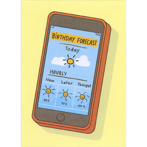 Birthday Forecast on Cell Phone Funny / Humorous Birthday Card: Birthday Forecast - Today - Hourly - Now - 40% - Later - 75% - Tonight - 100%