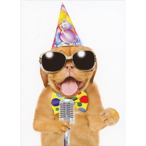 Dog in Party Hat and Bow Tie at Microphone Funny / Humorous Birthday Card