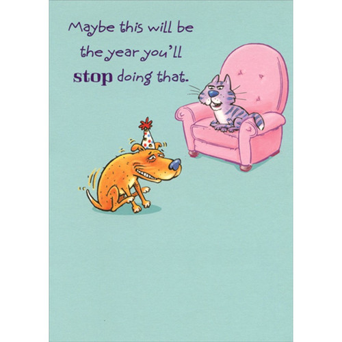Dog Dragging Butt on Ground, Cat in Pink Chair Funny / Humorous Birthday Card: Maybe this will be the year you'll stop doing that.