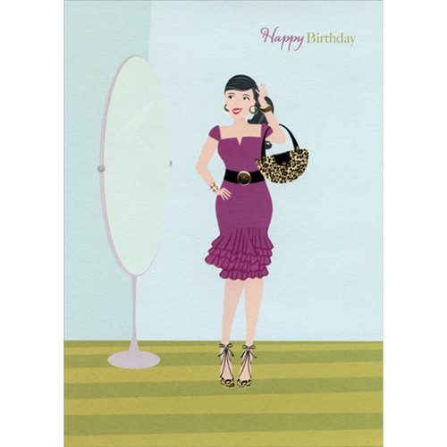 Woman in Purple Dress Looking in Mirror Funny : Humorous Feminine Birthday Card for Her : Woman : Women: Happy Birthday