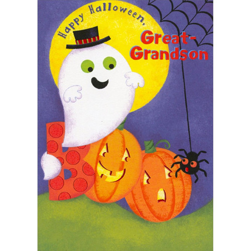 Cute Ghost, Yellow Moon, Spider and 2 Pumpkins Juvenile Halloween Card for Great-Grandson: Happy Halloween, Great-Grandson - BOO