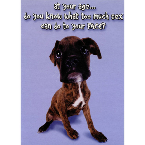 Boxer Puppy : At Your Age Funny : Humorous Risque Birthday Card: at your age... do you know what too much sex can do to your FACE?