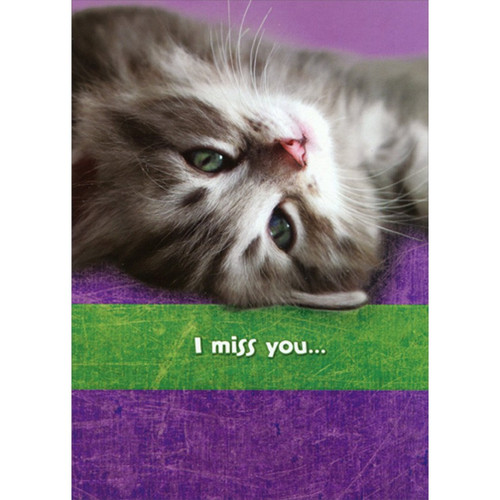 Upside Down Gray Kitten Face Funny : Humorous Miss You Card: I miss you…