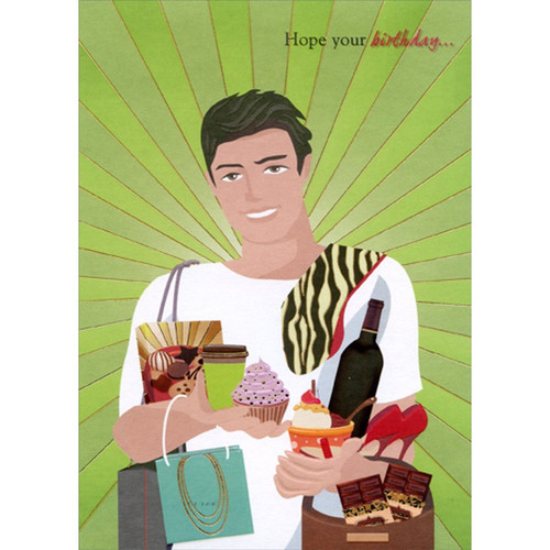 Man Carrying Cupcake, Coffee, Wine, Ice Cream, Jewelry and Chocolate Funny : Humorous Feminine Birthday Card for Her : Woman : Women: Hope your birthday…