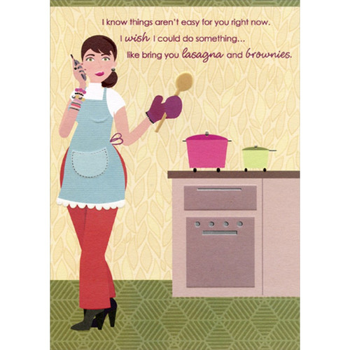 Bring You Lasagna and Brownies : Woman Holding Spoon Funny : Humorous Feminine Friendship Card for Her : Woman : Women: I know things aren't easy for you right now. I wish I could do something... like bring you lasagna and brownies.