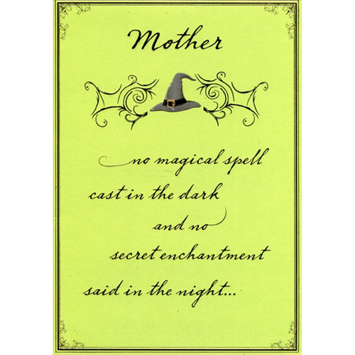 Witches Hat with Gold Buckle on Green Halloween Card for Mother: Mother - no magical spell cast in the dark and no secret enchantment said in the night…