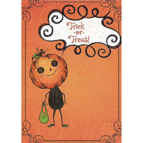 Pumpkin Person Holding Green Bag : Orange Swirls Juvenile Halloween Card for Kids : Kid : Children: Trick-or-Treat!
