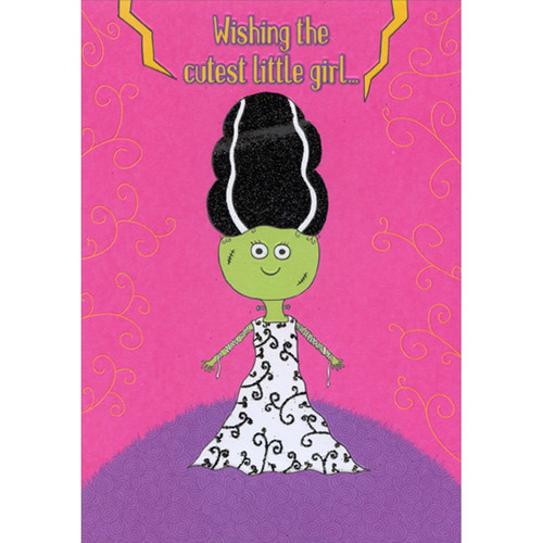 Cute Bride of Frankenstein Monster on Pink Juvenile Halloween Card for Girl: Wishing the cutest little girl…