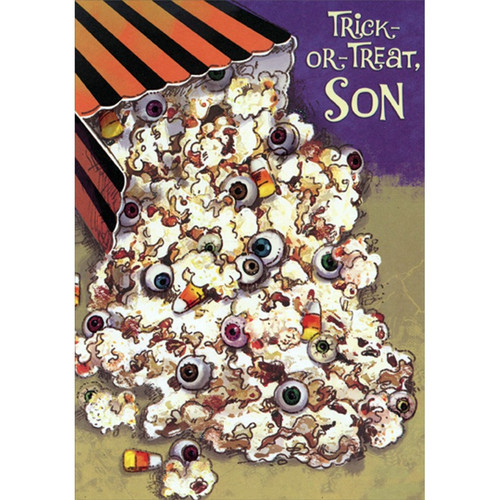 Tipped Container of Popcorn, Candy Corn and Eyes Juvenile Halloween Card for Son: Trick-Or-Treat, Son
