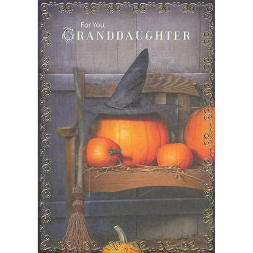 Witches Hat, Pumpkins, Broom and Wooden Bench Halloween Card for Granddaughter: For You, Granddaughter