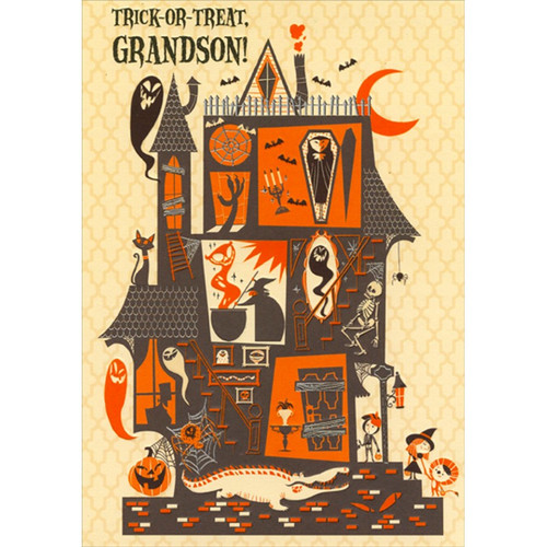 Orange, Black and Silver Haunted Mansion Juvenile Halloween Card for Pre-Teen Grandson: Trick-Or-Treat, Grandson!