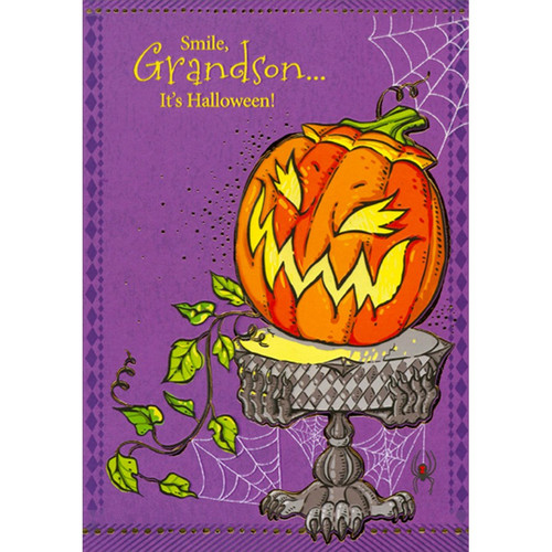 Pumpkin and Scary Pedestal on Purple Halloween Card for Teen : Teenager Grandson: Smile, Grandson… It's Halloween!