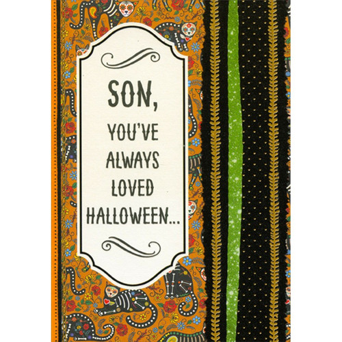 Skeleton Cats on Orange : Gold Foil Vertical Vines Halloween Card for Son: Son, You've Always Loved Halloween…