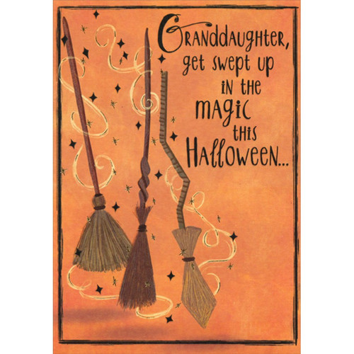 Swept Up in Magic : 3 Brooms Juvenile Halloween Card for Granddaughter: Granddaughter, get swept up in the magic this Halloween…