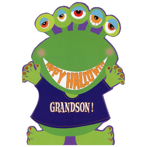 Green Monster with Five Eyes Die Cut Juvenile Halloween Card for Grandson: Happy Halloween Grandson!