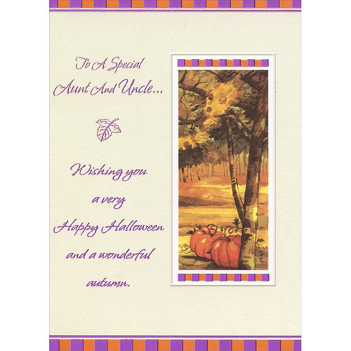 Two Pumpkins and Tree : Purple and Orange Border Halloween Card for Aunt and Uncle: To A Special Aunt and Uncle… Wishing you a very Happy Halloween and a wonderful autumn.