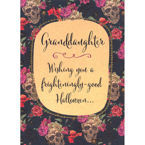 Frighteningly Good : Skulls, Purple and Red Roses Halloween Card for Granddaughter: Granddaughter - Wishing you a frighteningly-good Halloween…