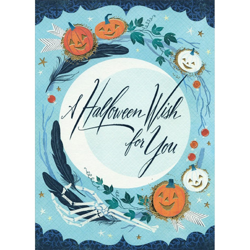 Pumpkins on Light Blue Around White Crescent Moon Halloween Card: A Halloween WIsh for You