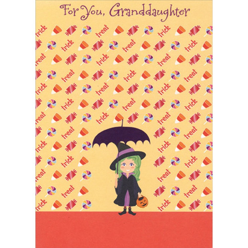Cute Witch with Umbrella in Candy Rain Juvenile Halloween Card for Granddaughter: For You, Granddaughter - trick (repeated) - treat (repeated)