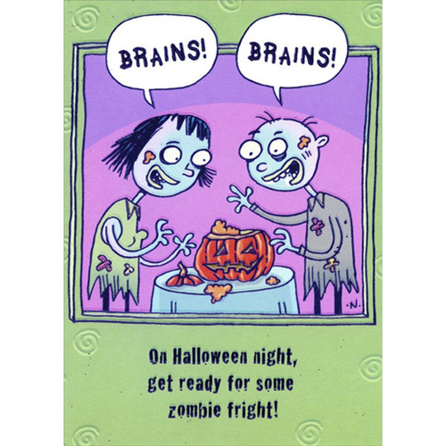 Zombies with Pumpkin Brains Funny : Humorous Halloween Card: Brains! Brains! On Halloween night, get ready for some zombie fright!