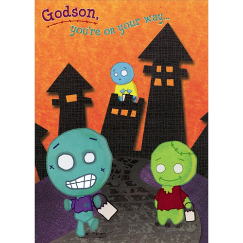 Cute Blue and Green Zombies with Candy Bags Juvenile Halloween Card for Godson: Godson, you're on your way…