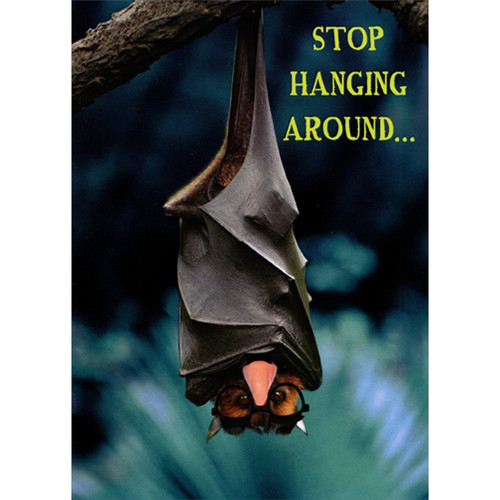 Upside Down Bat with Glasses and Fake Nose Funny : Humorous Halloween Card: Stop Hanging Around…