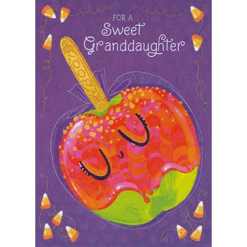 Cute Candy Apple on Purple with Candy Corn Border Juvenile Halloween Card for Granddaughter: For A Sweet Granddaughter