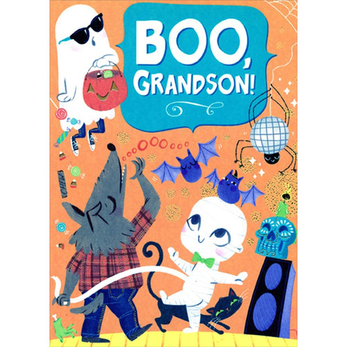 Boo Grandson : Ghost, Werewolf and Mummy Juvenile Halloween Card for Grandson: BOO, Grandson!