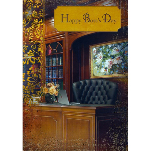 Wood Paneled Desk and Office with Gold Foil Border Boss's Day Card: Happy Boss's Day