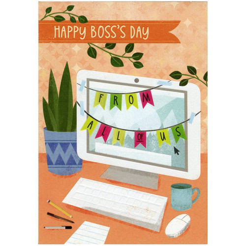 Computer Monitor Draped with Colorful Flags Boss's Day Card from All : Us : Group: Happy Boss's Day from All of Us
