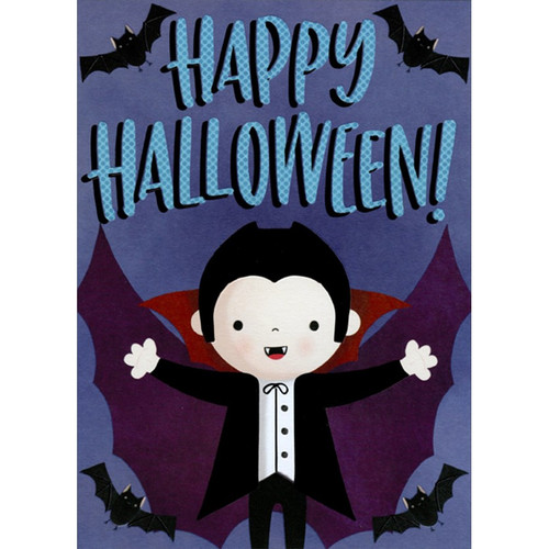 Cute Vampire with Four Bats Juvenile Halloween Card for Boy: Happy Halloween