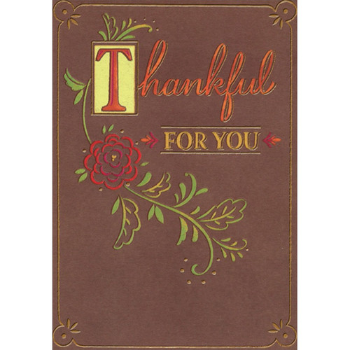 Thankful for You : Thin Lined Red Flower on Brown Thanksgiving Card for Friend: Thankful For You
