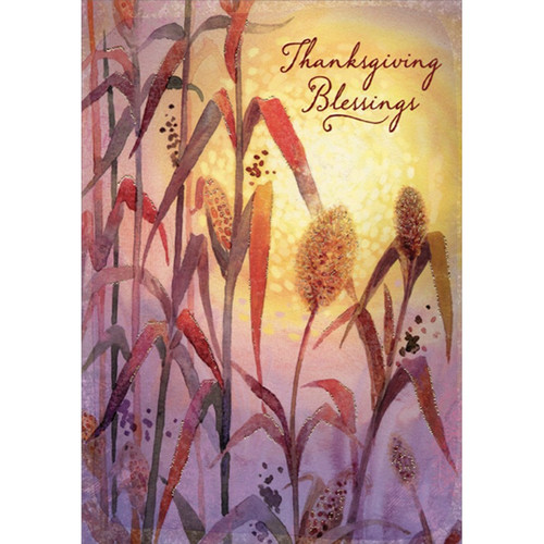 Bright Yellow Sun Behind Corn Stalks Religious Thanksgiving Card: Thanksgiving Blessings