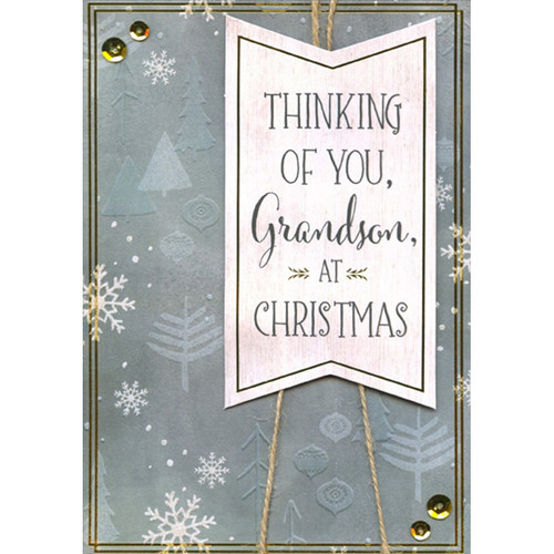 Evergreen Trees and Sparkling Snowflakes on Muted Green : 3D Banner : Brown String : Sequins Keepsake Hand Decorated Grandson Christmas Card: Thinking Of You, Grandson, At Christmas