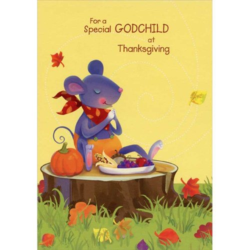 Purple Mouse Giving Thanks with Food on Tree Stump Juvenile Thanksgiving Card for Godchild: For a Special GODCHILD at Thanksgiving