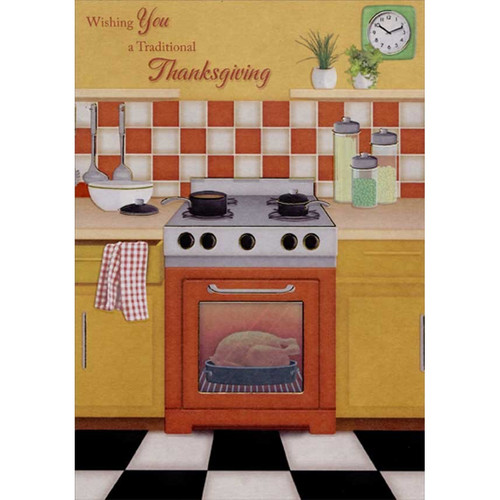 Turkey in Over : Red Checkerboard Tile Kitchen Thanksgiving Card: Wishing You a Traditional Thanksgiving