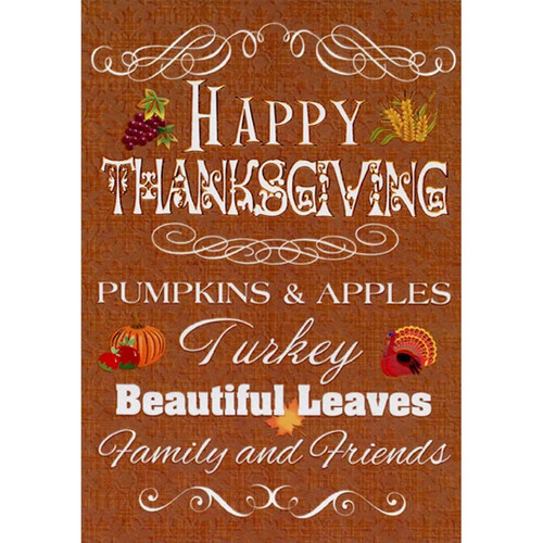 Grapes, Pumpkin, Turkey, Leaf on Brown Thanksgiving Card: Happy Thanksgiving - Pumpkins & Apples - Turkey - Beautiful Leaves - Family and Friends