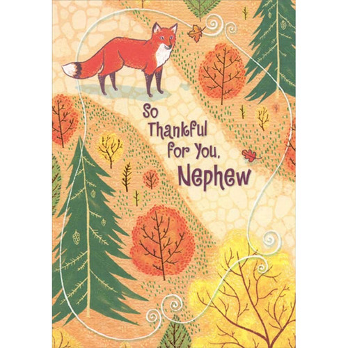 Fox on Forest Path Thanksgiving Card for Nephew: So Thankful for you, Nephew