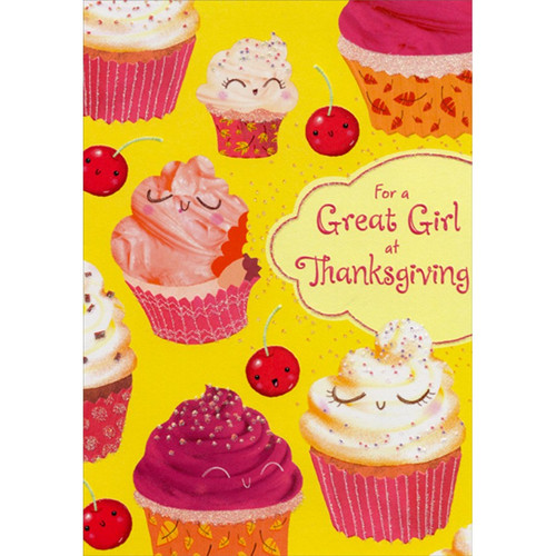 Cute Cherries and Pink, Purple and White Cupcakes Juvenile Thanksgiving Card for Girl: For a Great Girl at Thanksgiving