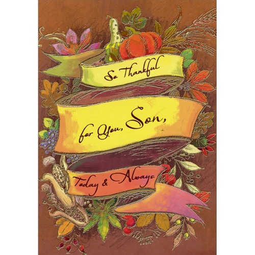 Yellow Banner, Pumpkins, Flowers, Corn on Light Brown Thanksgiving Card for Son: So Thankful for You, Son, Today & Always