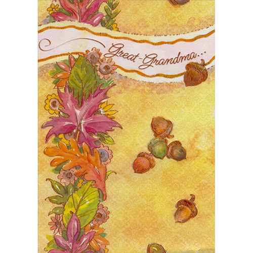 Column of Purple, Orange and Green Leaves : Falling Acorns Thanksgiving Card for Great-Grandma: Great-Grandma…