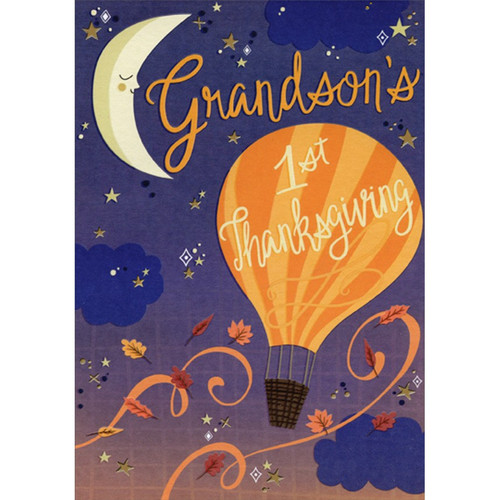Sleeping Crescent Moon and Hot Air Balloon Juvenile First / 1st Thanksgiving Card for Grandson: Grandson's 1st Thanksgiving