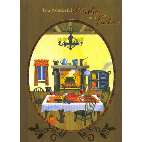 Table, Chairs, Fireplace in Rustic Setting : Oval Frame Thanksgiving Card for Mother and Father: To a Wonderful Mother and Father