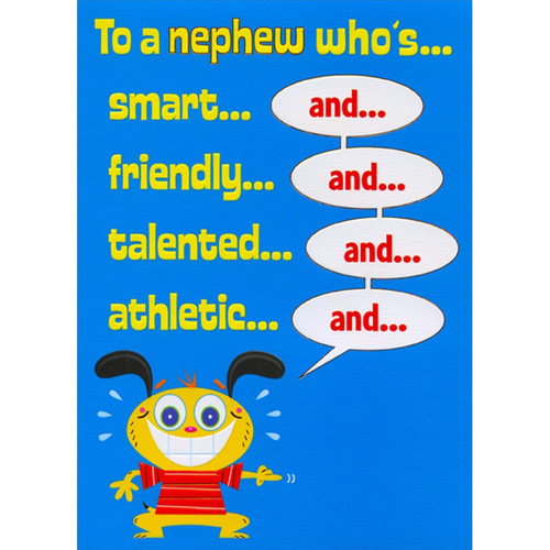 Excited Grinning Yellow Dog on Blue Background Juvenile Thanksgiving Card for Nephew: To a nephew who's… smart… and… friendly… and… talented… and… athletic… and…