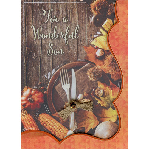 Dinner Plate on Wooden Table : Brown Twine : Scalloped Border Handcrafted 3D Premier Collection Thanksgiving Card for Son: For a Wonderful Son