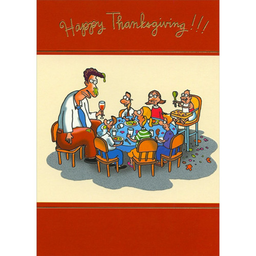 Man Sitting at Table with Kids Masculine Humorous : Funny Thanksgiving Card for Him : Man: Happy Thanksgiving!!!