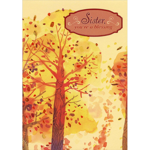 Brown Tree : Light Green Foliage : Orange Foil Accents Religious Thanksgiving Card for Sister: Sister, you're a blessing…