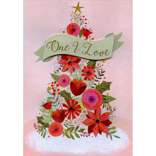 Floral Tree, Red Gems and 3D Banner 3D Tip On Banner Handcrafted Premier Boutique Christmas Card for the One I Love: One I Love
