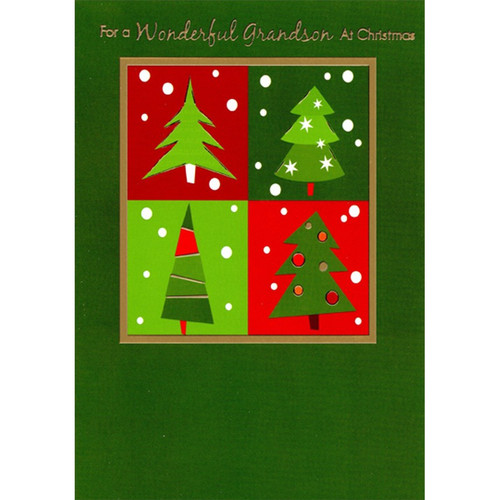 Four Panels : Evergreen Trees in Gold Foil Frame Grandson Christmas Card: For a Wonderful Grandson at Christmas